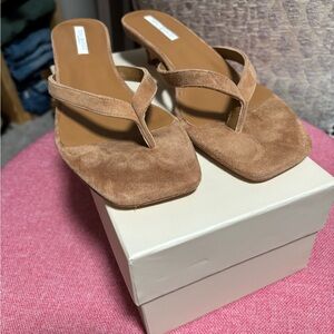 Tony Bianco Suede Tan Square-Toe Thong Mules